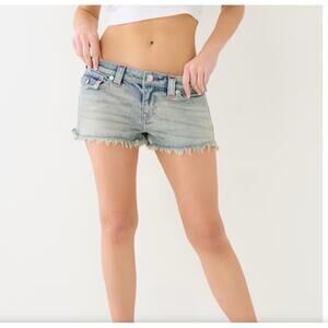 True Religion Joey Big T Short Raw Hem Low Rise Distressed Denim Women's Size 26